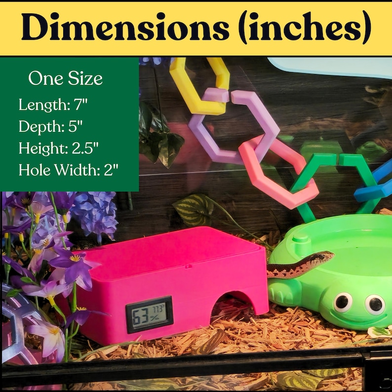 Reptile humid hide dimensions infographic showing one-size enclosure measurements