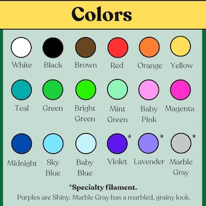 May include: A color chart featuring eighteen circular swatches labeled with names including White, Black, Brown, Red, Orange, Yellow, Teal, Green, Bright Green, Mint Green, Baby Pink, Magenta, Midnight, Sky Blue, Baby Blue, Violet, Lavender, and Marble Gray.
