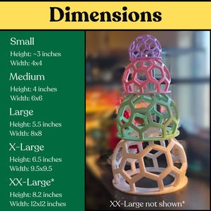 Dimensions chart comparing small through XXL snake jungle gym sizes in several colors