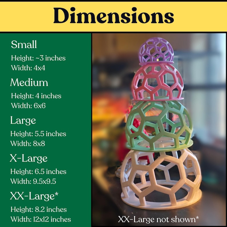 Dimensions chart comparing small through XXL snake jungle gym sizes in several colors