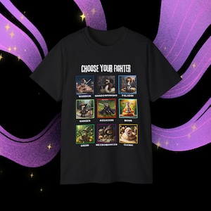 May include: Black t-shirt with the text "Choose Your Fighter" and a grid of nine images of cartoon animals representing different fantasy character classes: Warrior, Shadowknight, Paladin, Ranger, Assassin, Monk, Druid, Necromancer, and Cleric.