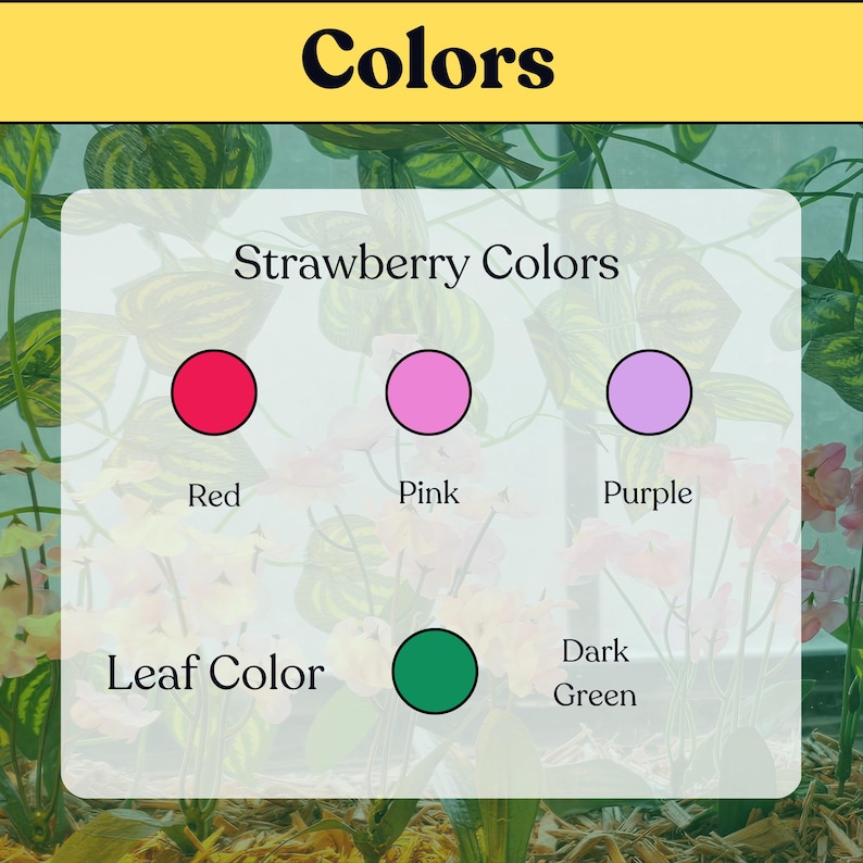 Strawberry hide color chart with red, pink, pastel pink, and green leaf options