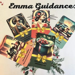 May include: A set of colorful cards with illustrations and text in French. The cards feature a woman in a red dress, a car, a gift box, and a couple playing the piano. The text on the cards includes phrases like "Intuition, ressentis" and "Le cadeau, surprise".