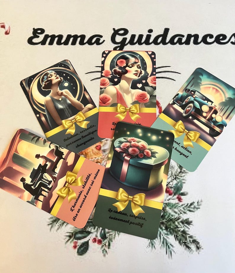 May include: A set of colorful cards with illustrations and text in French. The cards feature a woman in a red dress, a car, a gift box, and a couple playing the piano. The text on the cards includes phrases like "Intuition, ressentis" and "Le cadeau, surprise".