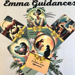 May include: A set of tarot cards with colorful illustrations and gold accents. The cards feature images of a woman with a cat, a woman holding a heart, a woman holding money, and a woman sitting on a chair. The cards have French text on them, including "L'argent, personne v&eacute;n", "L'ambition, se voir diff&eacute;remment", and "La g&eacute;n&eacute;rosit&eacute;".