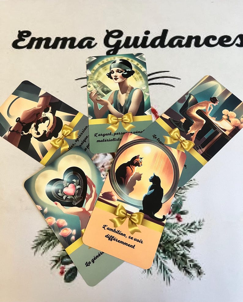 May include: A set of tarot cards with colorful illustrations and gold accents. The cards feature images of a woman with a cat, a woman holding a heart, a woman holding money, and a woman sitting on a chair. The cards have French text on them, including "L'argent, personne v&eacute;n", "L'ambition, se voir diff&eacute;remment", and "La g&eacute;n&eacute;rosit&eacute;".
