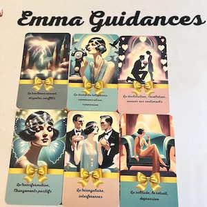 May include: A set of ten cards with colorful illustrations and text in French. Each card features a woman in a vintage style outfit and a short description of the card's meaning. The cards are titled "Emma Guidances".