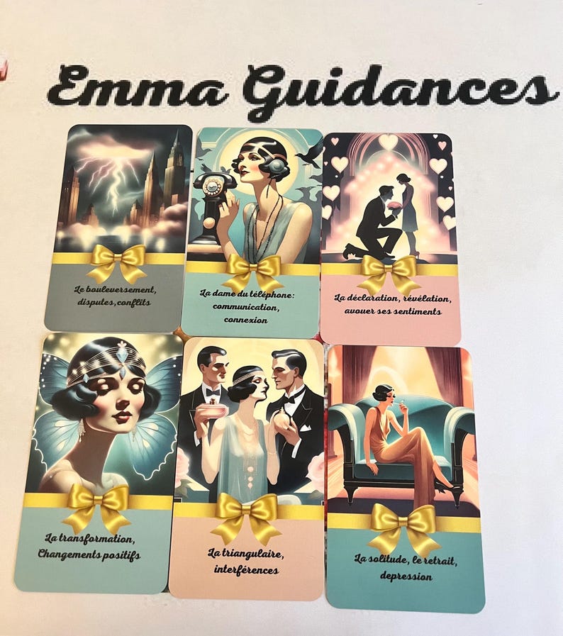 May include: A set of ten cards with colorful illustrations and text in French. Each card features a woman in a vintage style outfit and a short description of the card's meaning. The cards are titled "Emma Guidances".