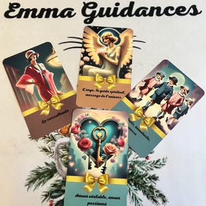 May include: Four tarot cards with colorful illustrations and gold ribbon accents. The cards feature an angel, a woman in a red dress, a heart with a key, and children holding hands. The text on the cards reads "L'ange, le guide spirituel, message de l'univers", "La consultante", "Amour v&eacute;ritable, amour passionn&eacute;", and "ants, immaturit&eacute;, messe".
