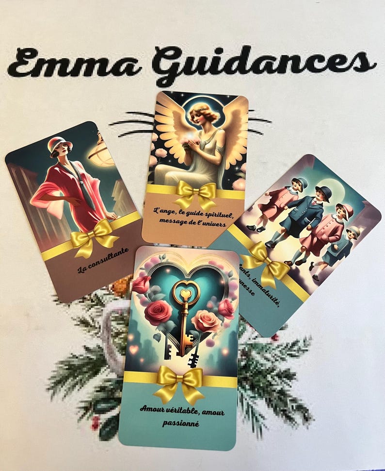 May include: Four tarot cards with colorful illustrations and gold ribbon accents. The cards feature an angel, a woman in a red dress, a heart with a key, and children holding hands. The text on the cards reads "L'ange, le guide spirituel, message de l'univers", "La consultante", "Amour v&eacute;ritable, amour passionn&eacute;", and "ants, immaturit&eacute;, messe".