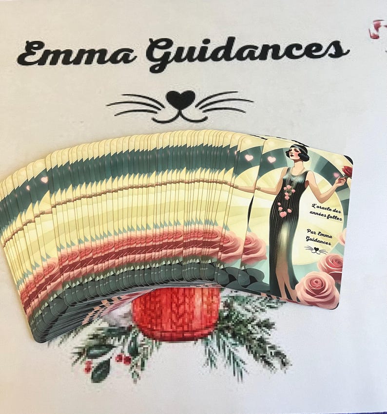 May include: A deck of cards with a vintage design featuring a woman in a flapper dress. The cards are titled "L'oracle des annees folles" by Emma Guidances.