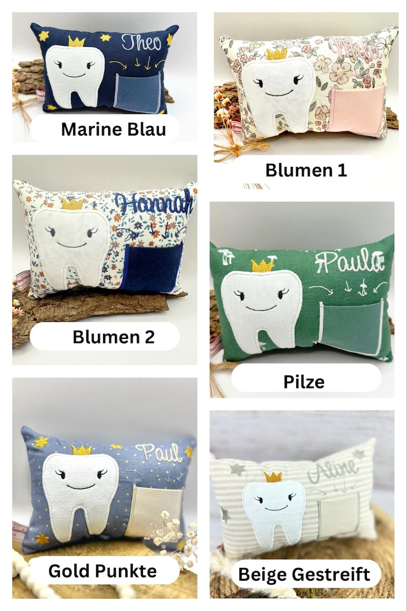 May include: A selection of tooth fairy pillows, each with a smiling tooth design and a pocket. The pillows come in various colours and patterns, including floral, striped, and solid colours. Each pillow has a name embroidered on it.