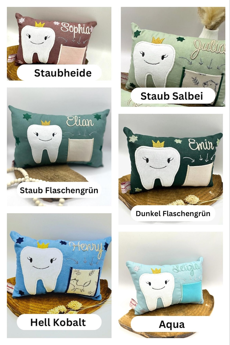 May include: A selection of tooth-shaped cushions in shades like dusty rose, sage green, teal, dark green, light blue, and aqua. Each cushion has a smiling tooth design, a crown, a name, and a small pocket.