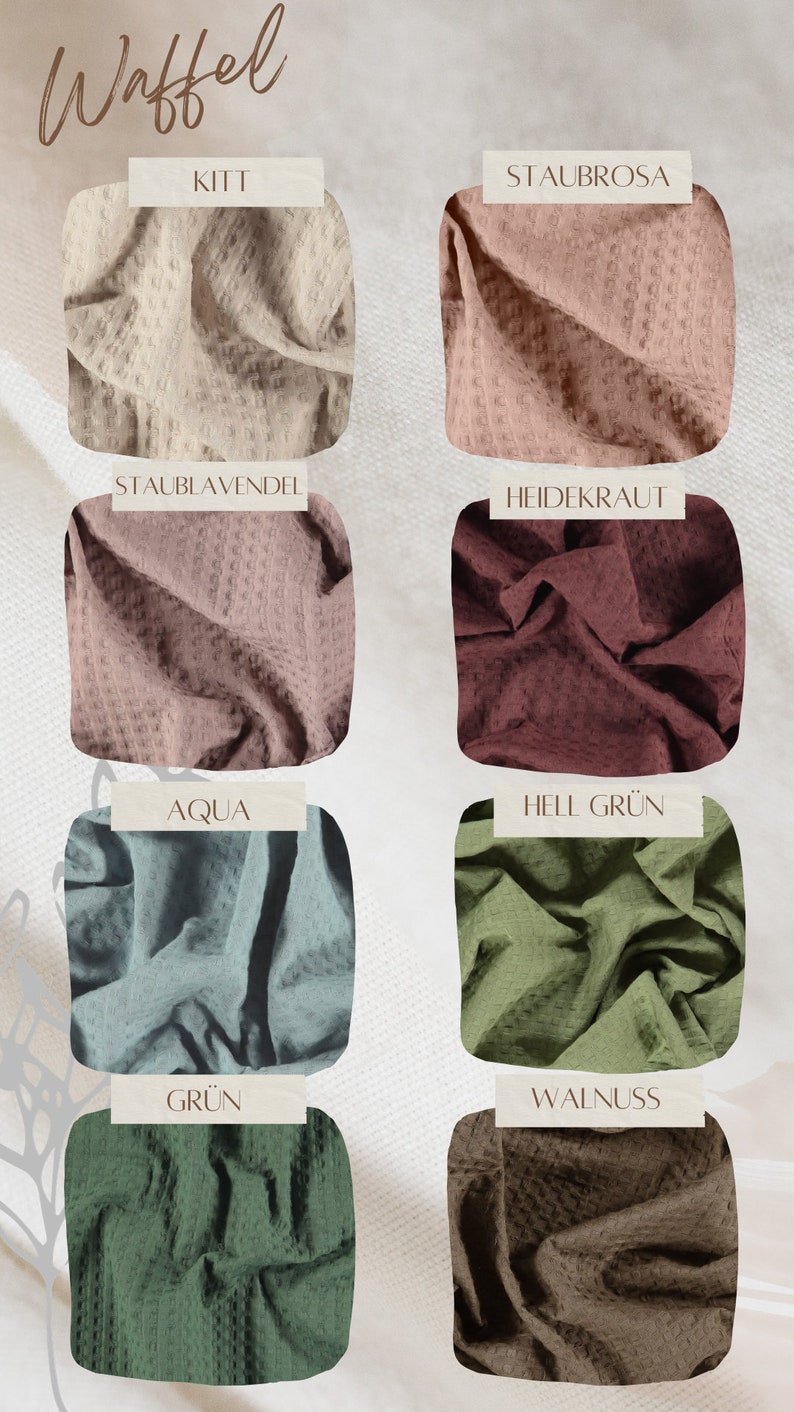 Op de afbeelding: Waffle-stofstalen in verschillende kleuren, waaronder beige, roze, bruin, groen en grijs. De stalen zijn gelabeld met Duitse namen: Kitt, Staubrosa, Staublevandel, Heidekraut, Aqua, Hell Gr&uuml;n, Gr&uuml;n en Walnuss.