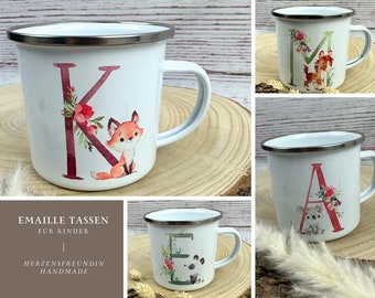 Boho Emaille Tasse für Kinder, Babygeschenk, Tiere, Taufe, Geschenkidee, Kindertasse, Tasse, Kinder, Kindergarten, Buchstaben Personalisiert