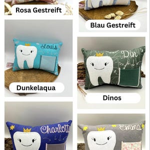 May include: A selection of tooth fairy pillows in different colours, each with a smiling tooth design and a crown. The pillows have pockets and are personalised with names such as Melia, Louis, and Emma. The pillows are in shades of pink, blue, teal, and grey.
