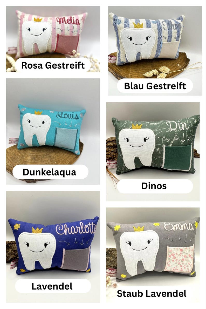 May include: A selection of tooth fairy pillows in different colours, each with a smiling tooth design and a crown. The pillows have pockets and are personalised with names such as Melia, Louis, and Emma. The pillows are in shades of pink, blue, teal, and grey.