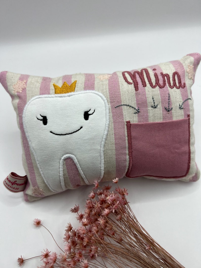 Tooth fairy pillow with name, handmade personalized tooth fairy pillow, gift for children, pillow, children's room decoration, cuddly pillow, wobbly tooth image 1