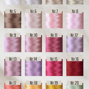 Op de afbeelding: Een kleurenkaart met 24 spoelen garen, elk met een nummer van 1 tot 24. De kleuren vari&euml;ren van wit tot groen.