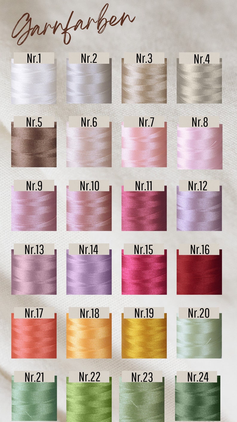 Op de afbeelding: Een kleurenkaart met 24 spoelen garen, elk met een nummer van 1 tot 24. De kleuren vari&euml;ren van wit tot groen.