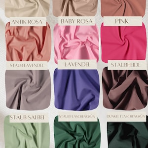 May include: A colour chart of fabric swatches in a range of hues. The swatches include shades of beige, pink, purple, green, and blue, with names such as "Kitt," "Puder," and "Rosa" above each. The word "Stoffe" is written at the top.