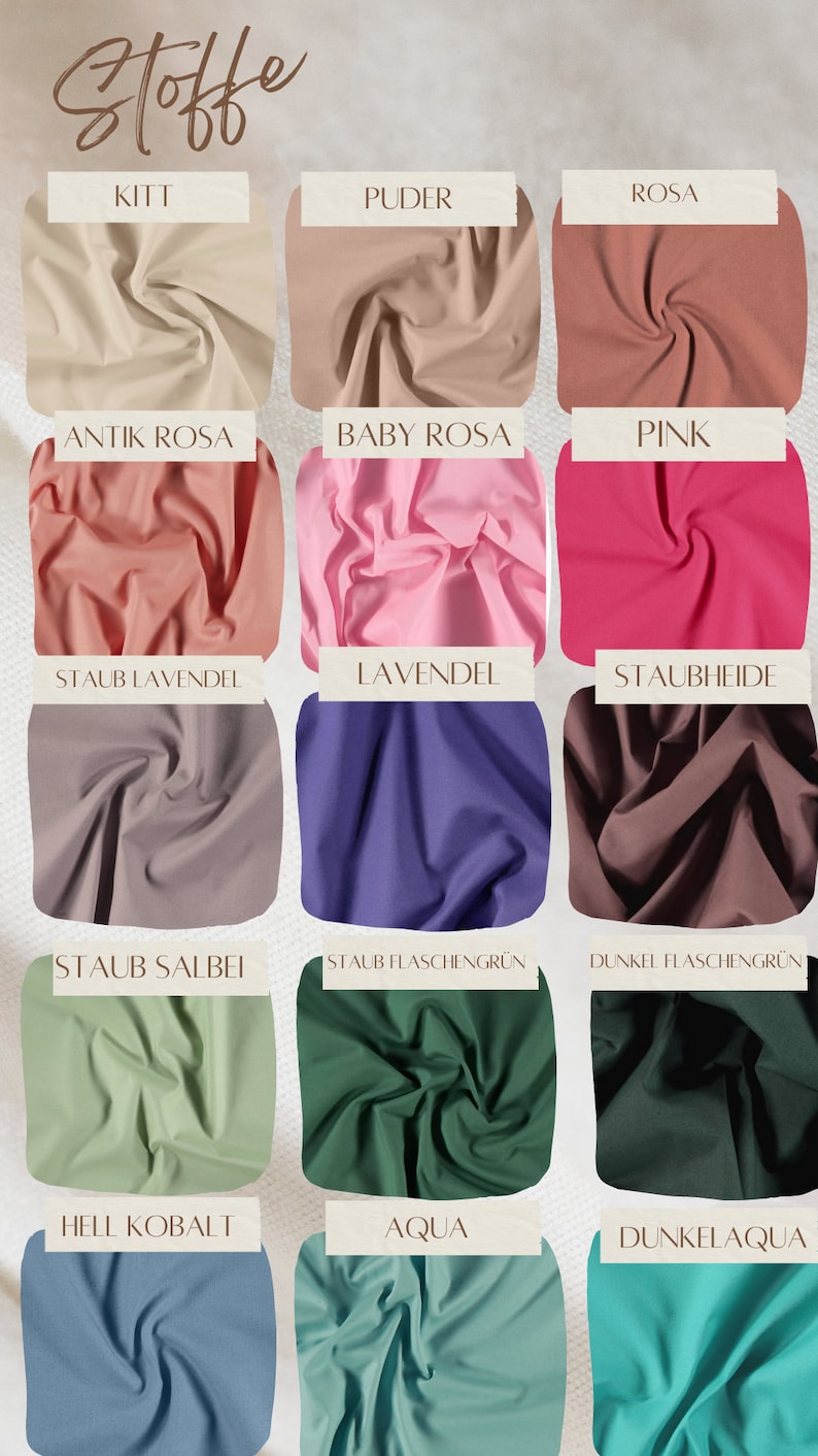 May include: A colour chart of fabric swatches in a range of hues. The swatches include shades of beige, pink, purple, green, and blue, with names such as "Kitt," "Puder," and "Rosa" above each. The word "Stoffe" is written at the top.