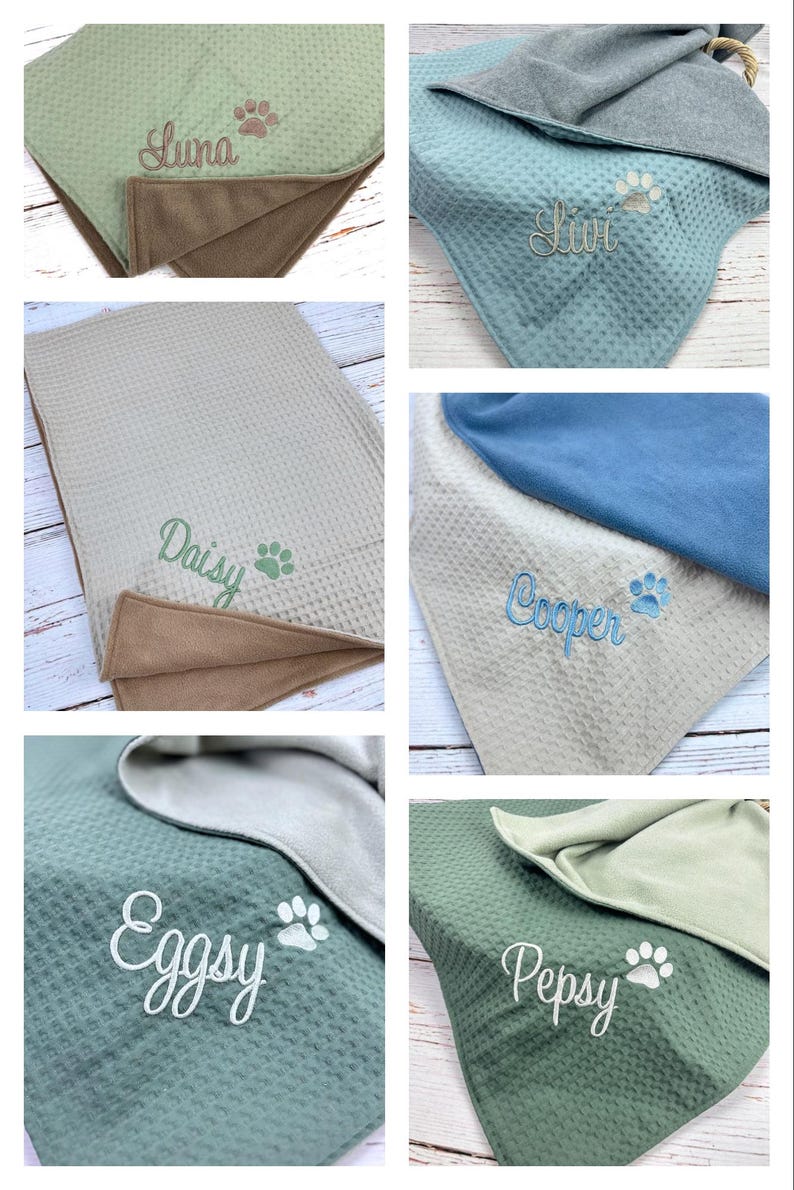 Op de afbeelding: Zes gepersonaliseerde honden dekens met verschillende geborduurde namen. De dekens zijn omkeerbaar met een zachte, pluche kant en een kant met een wafelstructuur. De namen op de dekens zijn Luna, Liv, Daisy, Cooper, Eggsy en Pepsy.