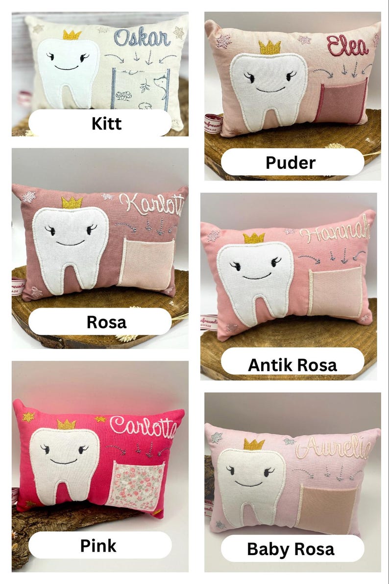 May include: A selection of tooth fairy pillows in different colours, each with a smiling tooth design, a small pocket, and a name embroidered on the pillow. The pillows are in shades of pink, cream, and white, with gold crown accents.