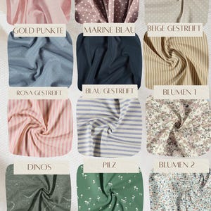 May include: A selection of fabric swatches showcasing diverse designs and hues. Includes pink polka dots, brown polka dots, beige polka dots, blue polka dots, navy blue, beige stripes, pink stripes, blue stripes, floral, dinosaur print, mushroom print, and floral patterns.