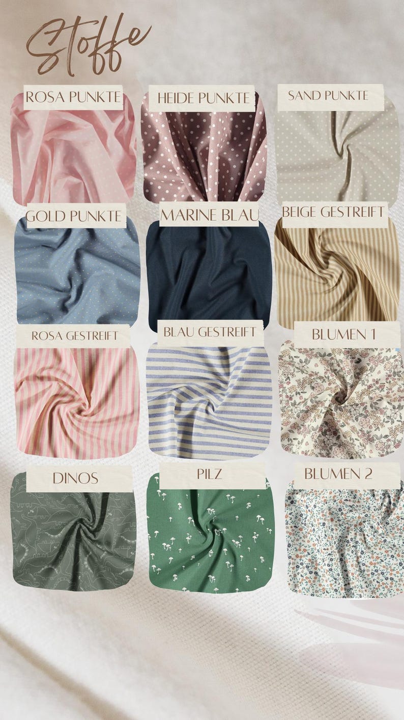 May include: A selection of fabric swatches showcasing diverse designs and hues. Includes pink polka dots, brown polka dots, beige polka dots, blue polka dots, navy blue, beige stripes, pink stripes, blue stripes, floral, dinosaur print, mushroom print, and floral patterns.