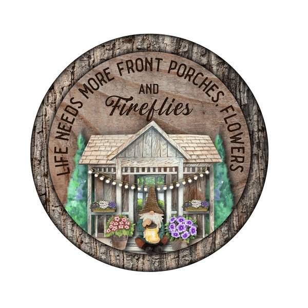 Garden Gnome Fireflies Welcome Sign, Country Porch Round wreath embellishment, Farmhouse Front Porch Flowers Firefly Welcome Sign