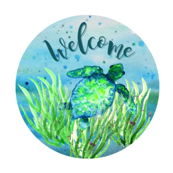 Welcome Sea Turtle Sign, Ocean Life Wreath Attachment, Beach House Decoration, Coastal Decor Sign, Aqua Blue Sea Life Welcome sign