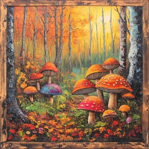 May include: A vibrant painting of a forest scene with colorful mushrooms. The mushrooms have red, orange, and purple caps with white spots. The background features tall trees with autumn foliage in shades of orange and yellow, all within a wooden frame.