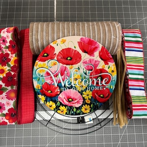 DIY Poppy Welcome Wreath Kit, Complete Mesh Wreath Kit with sign, ribbon and Instructions, make your own wreath, craft supplies for wreath