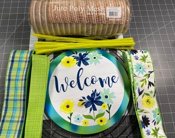 Summer Floral welcome wreath kit, mesh diy wreath kit, Blue and Yellow sign & ribbon kit, make your own wreath, craft supplies for wreath