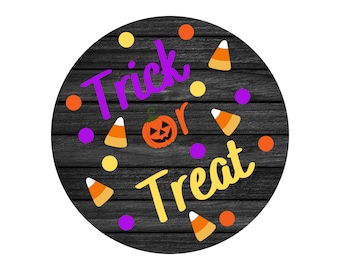 Trick or treat Halloween wreath sign with candy corn and pumpkin, round Halloween wreath attachment, orange purple yellow black metal sign