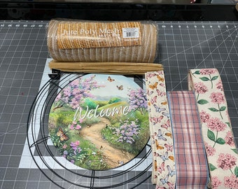 Summer Floral welcome wreath kit, mesh diy wreath kit, Lilac and Butterfly sign & ribbon kit,make your own wreath, craft supplies for wreath