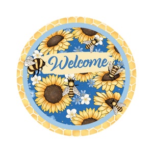 Cartel de corona de abeja de bienvenida, accesorio de corona de girasol y abejas melíferas, letrero de decoración del hogar de pared floral azul y amarillo, letreros para coronas