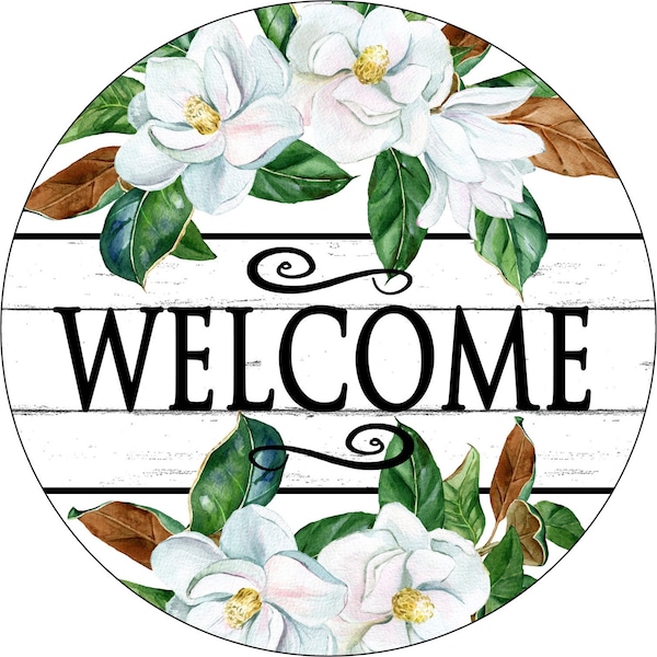 Welcome wreath sign with magnolias, Magnolia Sign, Everyday floral metal wreath attachment, Wood look Welcome sign, signs for wreaths