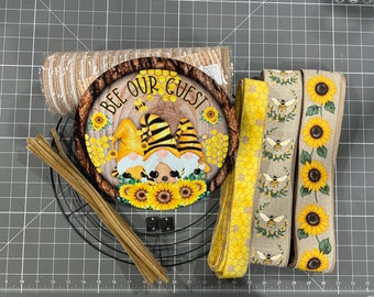 Gnome Bee Sunflower welcome wreath kit, deco mesh DIY wreath kit, sign & ribbon kit, make your own wreath, Bee lover craft supplies