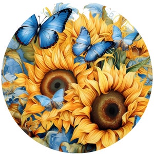 Signo de corona de girasol y mariposas azules, accesorio de corona azul y amarillo de verano