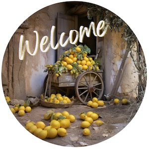 Rustic Lemon Farmers Market Welcome Wreath Sign, lemon wreath attachment, summer lemon fruit decor, lemons in a cart rustic decor