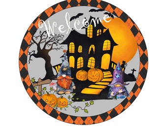 Haunted house halloween wreath sign, round halloween wreath attachment, orange black plaid welcome metal sign, pick your size sign