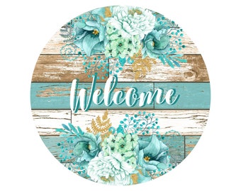 Welcome floral wreath sign, spring summer wreath attachment, Teal Blue spring flowers welcome metal sign, signs for wreaths