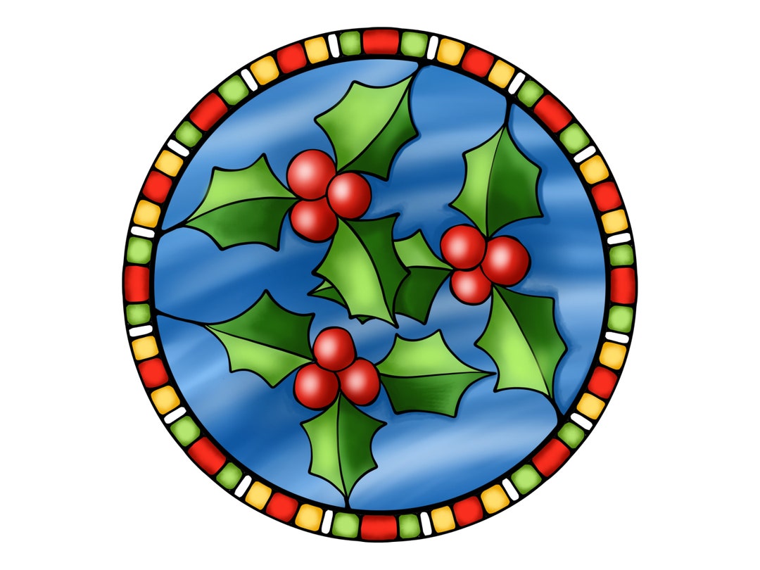 Christmas Holly Stained Glass Wreath Sign, Holly Berry Stained Glass ...