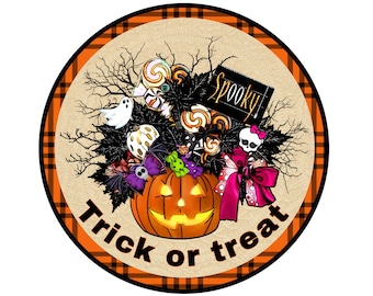 Trick or treat halloween wreath sign, round halloween wreath attachment, orange black plaid metal, round halloween sign, pick your size sign