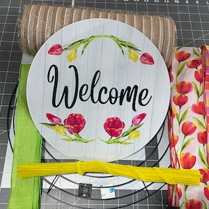Spring Tulip Welcome Wreath Kit, mesh diy wreath kit, Pink Yellow tulips sign & ribbon kit, make your own wreath, craft supplies for wreath