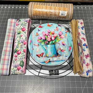 Spring Tulip Welcome Wreath Kit, mesh diy wreath kit, Pink Yellow tulips sign & ribbon kit, make your own wreath, craft supplies for wreath