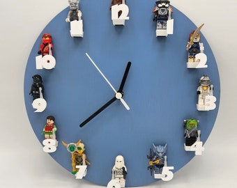 Clock for mini figure characters with blue face and white numbers.