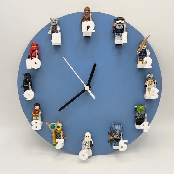 Clock for mini figure characters with blue face and white numbers.